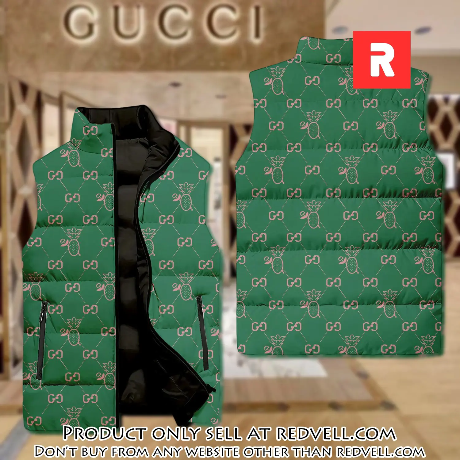 Gucci green pattern luxury brand 3d sleeveless down jacket rv5338635